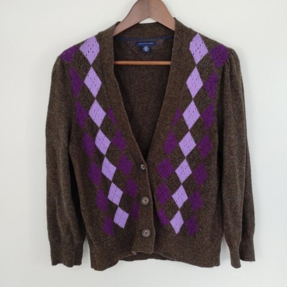Tommy Hilfiger Preppy Cardigan Womens Large Brown Purple Argyle Cotton Blend - Picture 1 of 8